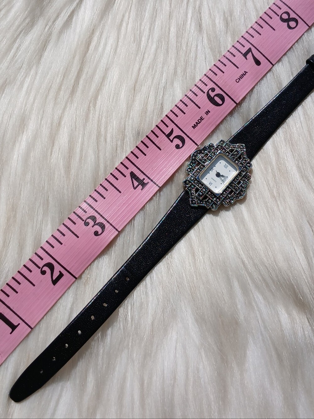 Vintage Avon Marcasite Watch 90s 1990s Fashion Wrist Jewelry Black Leather Stone - Picture 8 of 8